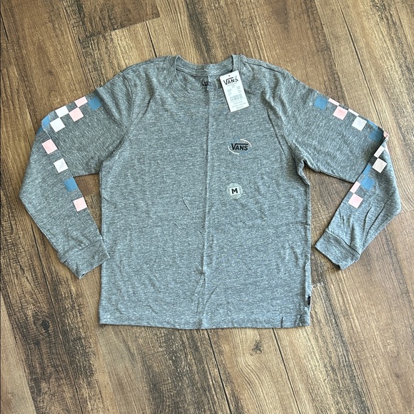 Vans Heather Gray Long Sleeve with Pink and Blue Checkered Sleeves - Picture 1 of 6